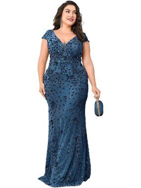 Glamorous Plus Size Sequined Mermaid Evening Gown, Sleeveless V-Neck Prom Dress